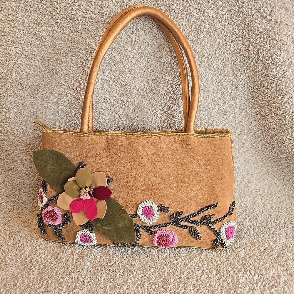 C. Marie Beaded Purse Handbag Brown Suede Floral Design‎ Boho Colorful